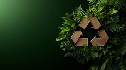 Wall Mural - Wooden Recycle Symbol Surrounded By Green Leaves On Dark Green Background