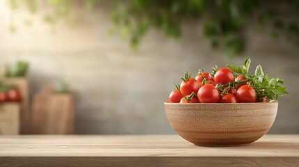 Aufkleber - Fresh cherry tomatoes in ceramic bowl on wooden table, surrounded by greenery, creating vibrant and natural scene. Perfect for culinary themes and healthy eating