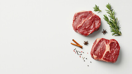 Poster - Fresh Wagyu ribeye steaks with herbs and spices on white background, showcasing rich marbling and vibrant colors, perfect for gourmet cooking