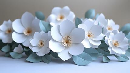 Poster - A delicate arrangement of white paper flowers with green leaves, showcasing intricate craftsmanship and a serene aesthetic
