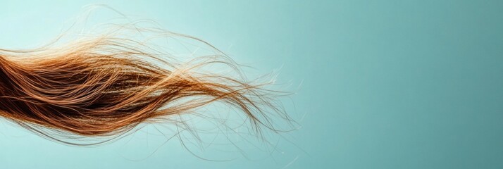 Poster - Detailed macro view of a broken strand of hair against a soft blue background in natural lighting. Generative AI