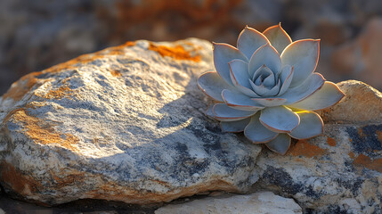 Poster - A close-up of a succulent plant resting on textured rocks, showcasing nature's beauty and the contrast between plant and stone
