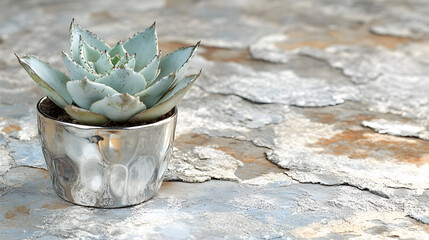 Poster - A small succulent plant in a silver pot sits on a textured, weathered surface, showcasing natural colors and rustic charm
