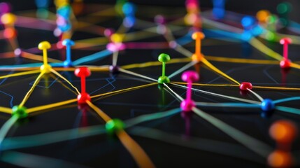 A colorful network of pins on a black background