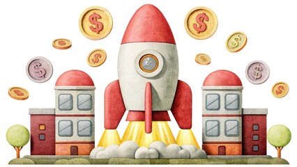 Poster - A colorful illustration of a rocket launching amidst buildings and floating coins, symbolizing growth, innovation, and financial success.