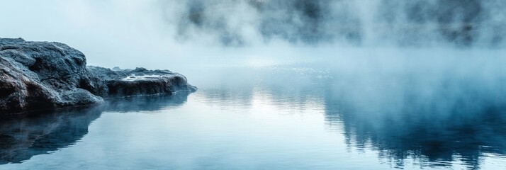 Poster - Relaxing in a serene hot spring surrounded by misty steam rising from the rocky edges in a tranquil nature setting. Generative AI