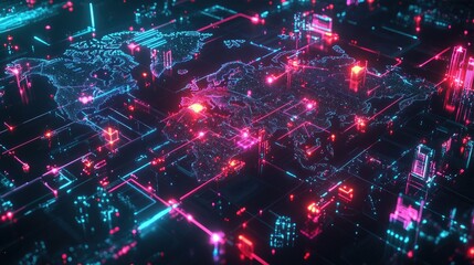 Poster - Futuristic Cyber World Map with Neon Lights and Digital Data Flow