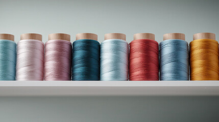 Aufkleber - Colorful spools of thread arranged neatly on shelf, showcasing various shades. This vibrant display adds creative touch to any sewing space