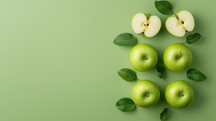 Aufkleber - Fresh green apples arranged with leaves on green background, showcasing their vibrant color and freshness. Perfect for healthy eating concepts and food photography