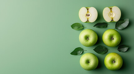 Aufkleber - Fresh green apples arranged with leaves on green background, showcasing their vibrant color and texture. Perfect for healthy eating concepts and nature themes