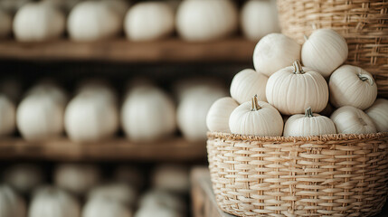 Wall Mural - collection of white pumpkins stacked in woven baskets, creating serene autumn atmosphere. soft colors and textures evoke sense of calm and seasonal beauty