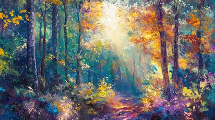 Wall Mural - Colorful leaves in the forest with sunlight breaking through the trees