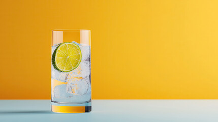 Poster - refreshing glass of water with ice and slice of lime against vibrant yellow background. Perfect for summer hydration and relaxation