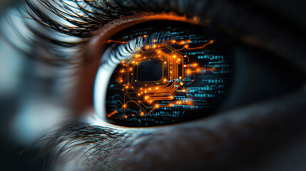 Wall Mural - close up image of vivid eye featuring intricate circuitry and glowing lights, symbolizing technology and innovation. blend of orange and deep blue colors creates striking visual impact