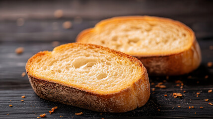 Poster - Freshly toasted golden brown bread slices on dark wooden surface, showcasing crispy crust and soft interior, perfect for breakfast or snacks