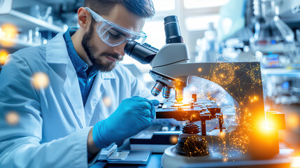 Fototapete - scientist in lab coat examines samples under advanced microscope, showcasing blend of technology and research. atmosphere is filled with innovation and discovery