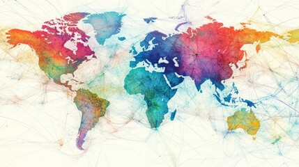 Poster - Colorful Abstract World Map with Artistic Lines and Connections