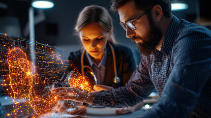Poster - Medical researchers analyze AI generated data in lab setting, showcasing advanced technology and collaboration. Their focused expressions highlight importance of innovation in healthcare
