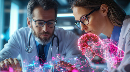 Poster - Medical researchers analyze AI generated data with focus on brain imagery, showcasing advanced technology in healthcare. Their expressions reflect curiosity and determination