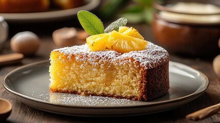 Aufkleber - delicious slice of pineapple cake garnished with fresh pineapple and mint leaves, served on gray plate. cake is moist and fluffy, perfect for dessert lovers