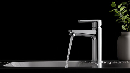 Aufkleber - close up shot of chrome faucet with water cascading into sink, showcasing modern design and elegance. background is dark, enhancing sleek appearance of faucet and greenery nearby