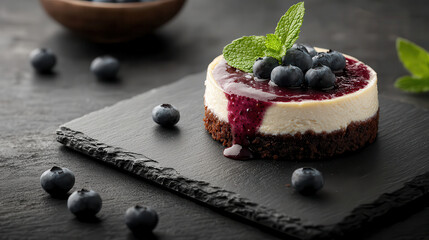 Aufkleber - close up shot of small cheesecake topped with blueberries and mint leaves, served on dark slate plate. dessert looks delicious and inviting, perfect for any occasion