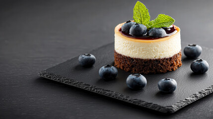 Poster - Delicious cheesecake topped with blueberries and mint leaves, served on black plate. perfect dessert for any occasion, showcasing creamy texture and rich flavor