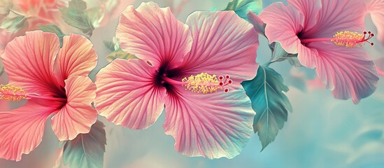  Delicate pink hibiscus blossoms on a soft background.