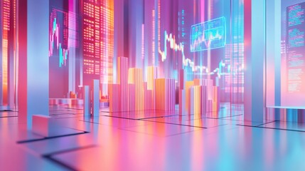 Poster - A vibrant digital landscape showcasing colorful graphs and data visualizations that represent financial markets and analytics.