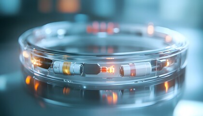 Poster - A close-up of an innovative light-emitting component displayed in a futuristic petri dish, highlighting the details and colors of the design, ideal for tech-related projects.
