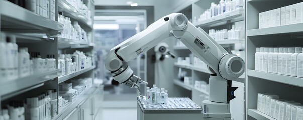 Poster - a close-up view of a robotic arm in a modern pharmacy, efficiently sorting and organizing medical co