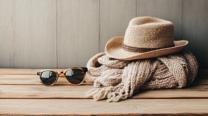 Wall Mural - Fashion accessories displayed on a wooden table with hats, scarves, and sunglasses for a stylish look. Generative AI