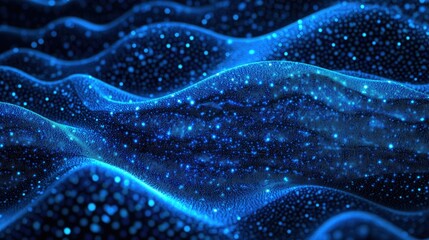 Poster - Abstract Blue Waves of Light with Bright Particles and Depth Effects