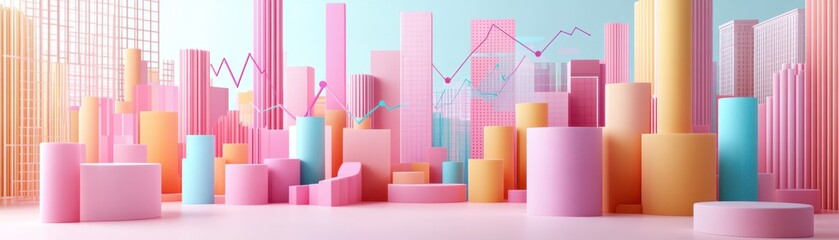 Poster - A vibrant, abstract scene featuring cylindrical shapes in pastel colors, arranged like a city skyline against a soft backdrop.