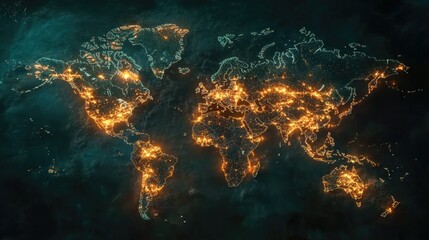 Poster - Global Network Map with Bright Points Illuminating Earth at Night
