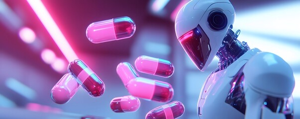 Poster - A futuristic robot interacts with vibrant pink capsules in a high-tech environment, symbolizing advanced medicine and artificial intelligence seamlessly integrated into healthcare.