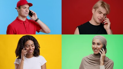 Poster - Four young adults are engaged in lively phone conversations, framed in distinct vibrant backgrounds. Each individual displays unique expressions, reflecting a lighthearted interaction.