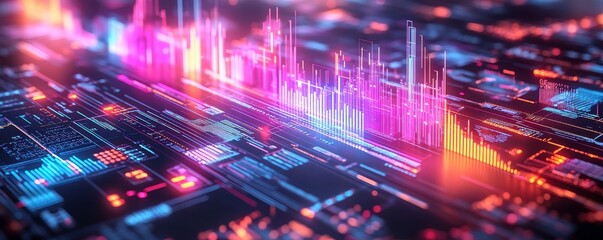 Poster - A vibrant, abstract visualization of data represented by colorful graphs and digital interfaces, symbolizing technology and information.