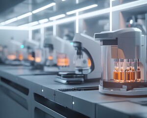 Poster - A modern laboratory featuring advanced equipment with illuminated vials, representing innovation and precision in scientific research and development.