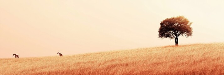 Poster - Giraffes graze peacefully near an acacia tree in the African savanna at sunset. Generative AI