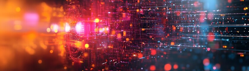 Poster - A vibrant abstract representation of digital technology, featuring glowing lights and intricate patterns that evoke a sense of innovation and modernity in a technological landscape