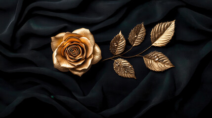 Poster - golden rose with intricate petals and leaves rests on dark fabric background, creating striking contrast. delicate details and shimmering texture evoke elegance and beauty
