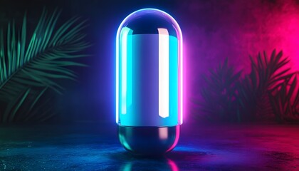 Poster - A vibrant, futuristic capsule illuminated with blue and pink neon lights. It stands against a dark, moody background, evoking a sense of innovation and modernity.