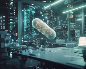 Poster - Futuristic digital workspace showcasing advanced technology with floating capsule. Ideal for illustrating innovation and progress in high-tech environments.