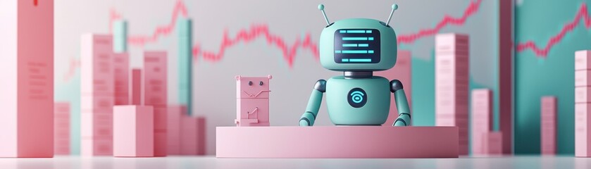 Poster - A retro-styled robot stands on a pastel-colored platform, with pink and teal graphs in the background, symbolizing technology and data analysis.