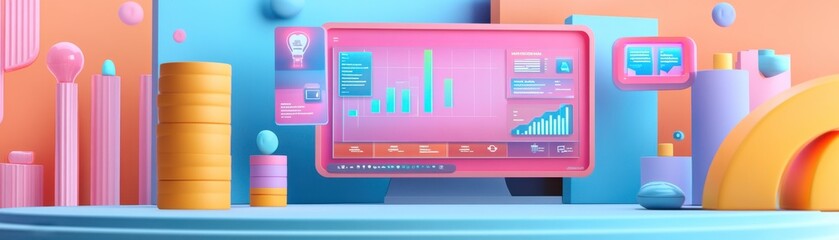 Poster - A vibrant digital workspace featuring a monitor displaying colorful data visualizations alongside 3D geometric shapes and stacks of coins.