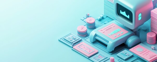 Poster - a pastel-themed digital illustration featuring a retro computer setup surrounded by various tech ele