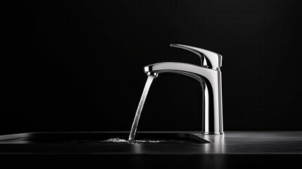 Aufkleber - shiny chrome faucet with flowing water, showcasing modern design and elegance. sleek lines and reflective surface create striking visual against dark background