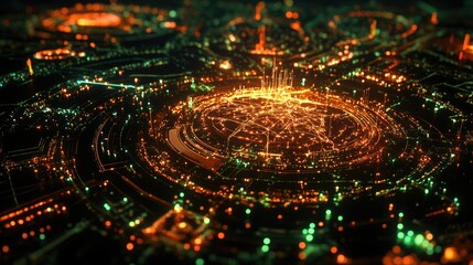 Poster - Abstract Digital Cityscape with Bright Lights and Network Patterns