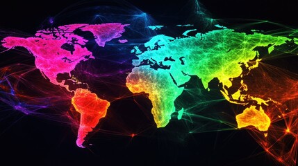 Poster - Colorful Neon Map of the World with Digital Connections and Lights